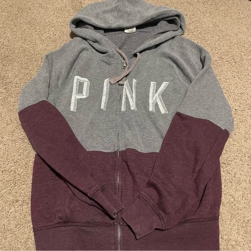 VS PINK Two-Tone Zip Hoodie in Gray and Burgundy